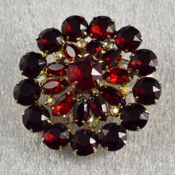 Vintage Brooch Red Rhinestones w/ Aurora Borealis Accents in Gold Tone Setting - Picture 2 of 5